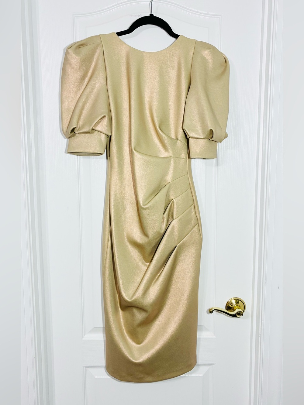 Black Halo Eve Metallic Gold Puff Sleeve Sheath Dress USA MADE Size 4